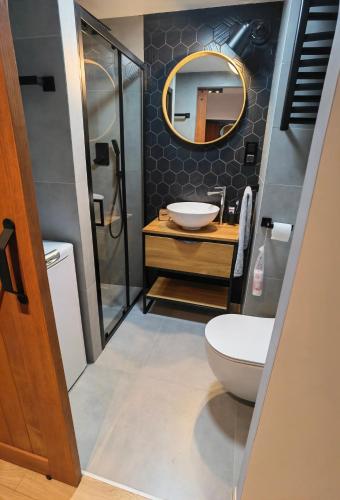 ein Badezimmer mit einem WC, einem Waschbecken und einem Spiegel in der Unterkunft Apartament Loft Studio Airport blisko lotniska Zarembowicza lotnisko in Breslau