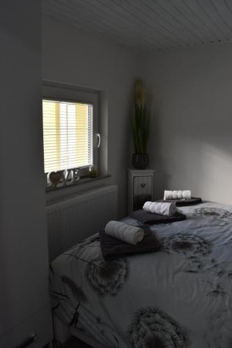 a bedroom with a bed and a window at Apartma VRBA Dobrna in Dobrna