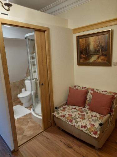 - un salon avec un canapé et des toilettes dans l'établissement Dom jak dawniej, à Szklarska Poręba