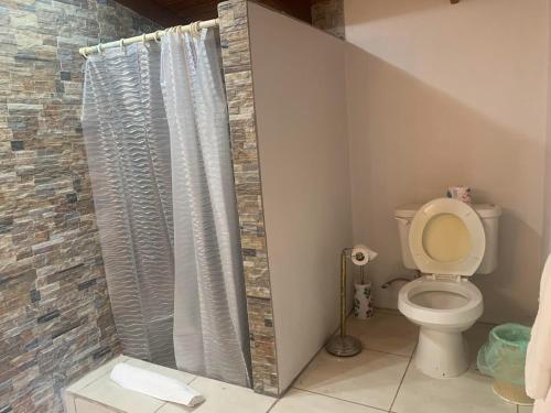 a bathroom with a toilet and a shower curtain at Cool Running Apartments in Saint Georgeʼs