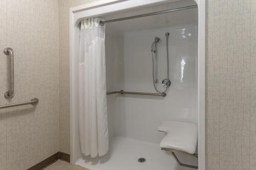 Holiday Inn Express & Suites Milwaukee NW - Park Place, an IHG Hotel في ميلووكي: حمام مع دش مع ستارة دش