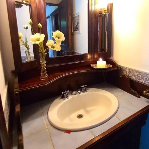 a bathroom sink with a vase of flowers and a candle at Los Azahares de Tigre in Tigre