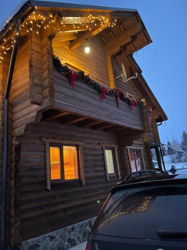 a cabin with christmas lights on the side of it at Вілла Софі in Verkhovyna