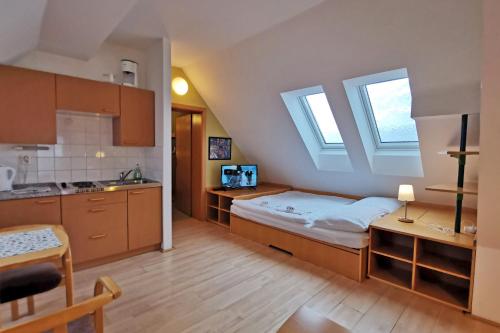 Kleines Zimmer mit einem Bett und einer Küche in der Unterkunft Apartmány Rokytnice in Rokytnice nad Jizerou