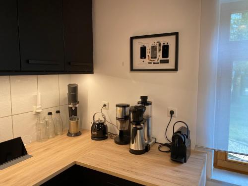 a kitchen counter with appliances on a wooden counter top at Boutique Guesthouse „Domizil“, Valea Porumbacului in Porumbacu de Sus