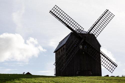 a large wooden windmill sitting on a grassy hill at Willa MM Kaszuby in Łapalice