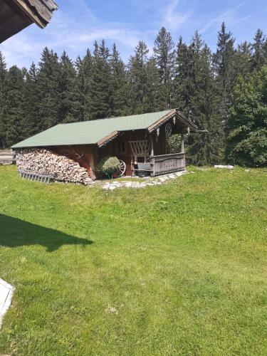 a log cabin with a green roof in a field at Appartment Andrea in Eugendorf