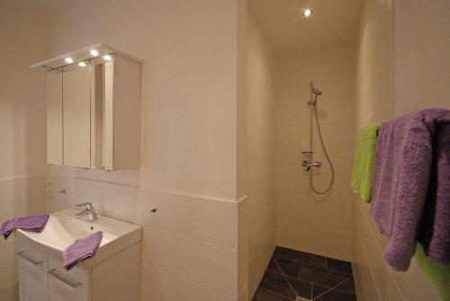 ツェル・アム・ゼーにあるAuszeit Appartementのバスルーム(シンク、シャワー、紫色のタオル付)