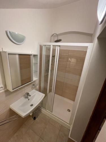 a bathroom with a shower and a sink at Chalupa Jáchymov - ubytování v srdci Krušných hor in Jáchymov