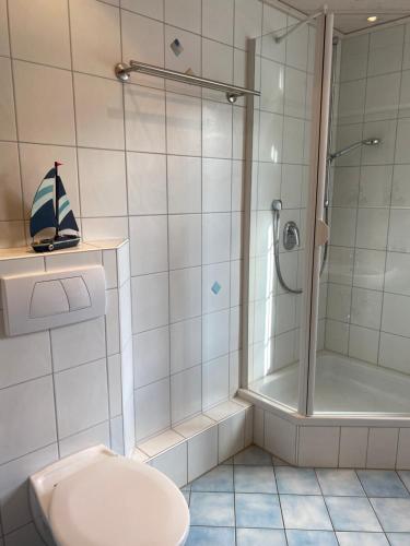 a bathroom with a shower and a toilet at Ferienwohnung Am Gießbach 15 in Bodman-Ludwigshafen