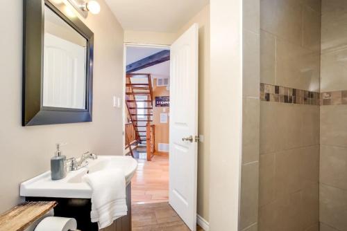 un baño con lavabo y ducha en The Beehive w Hot Tub Sauna & Fireplace, en Blue Mountains