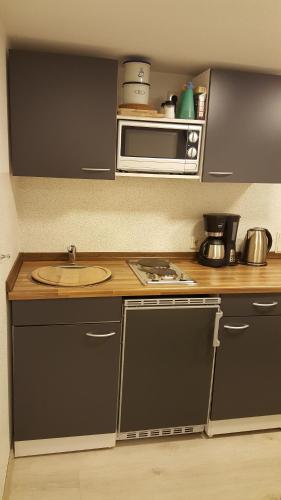 a small kitchen with a sink and a microwave at Ferienwohnung Nicole in Schneeberg