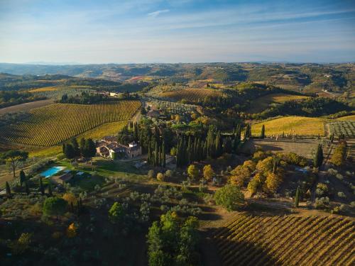 an aerial view of a vineyard in the hills at Fattoria La Loggia in San Casciano in Val di Pesa