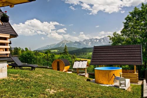 a garden with a view of a mountain at Domki GliczarowSKI z Jacuzzi & Sauna in Zakopane