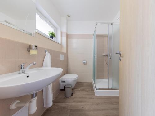 a bathroom with a sink and a toilet and a shower at Apartmány Sophia 7 in Velké Losiny