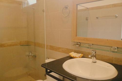 a bathroom with a sink and a toilet and a mirror at Sao Vang Hotel in Bao Loc