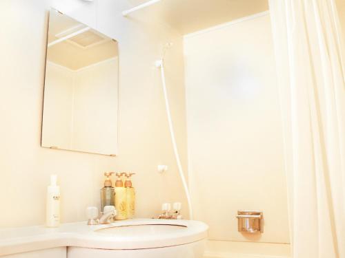 a white bathroom with a sink and a mirror at Hotel Abest Shin-Anjo-Ekimae in Anjo