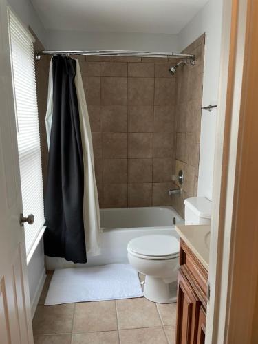 a bathroom with a toilet and a tub and a sink at A Room for You! in Atlanta