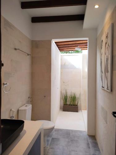 a bathroom with a sink and a toilet in a room at Villa HOMEY Lombok in Kuta Lombok