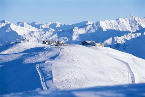 a snow covered mountain with houses on a ski slope at Almstube Fritz in Wald im Pinzgau