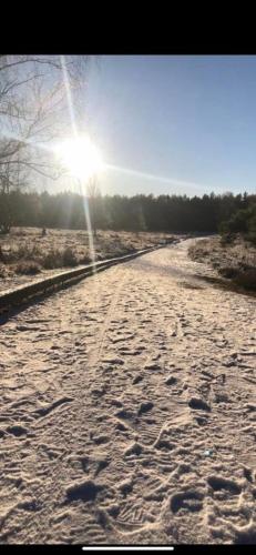 a snow covered road with the sun in the background at Ferienwohnung Ram 1 in Hermannsburg