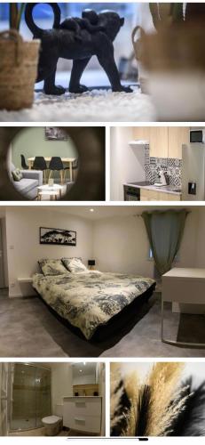 un collage de trois photos d'une chambre avec un lit dans l'établissement Le Boldieu- Duplex Béziers -allée Paul Riquet- Wifi- Tv connecté, à Béziers
