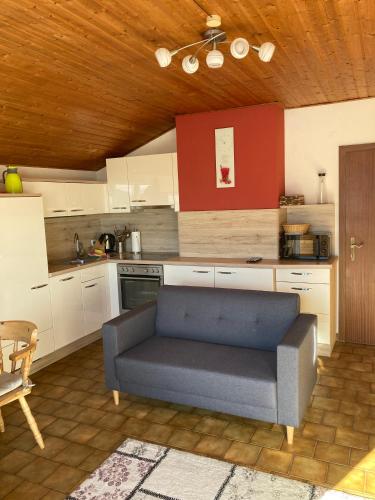 a living room with a blue couch in a kitchen at Gailtal Panorama in Kötschach