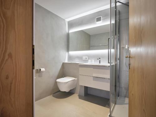 La salle de bains est pourvue de toilettes, d'un lavabo et d'une douche. dans l'établissement Appartements Erwin & Eleonore Hüttl I, à Neukirchen am Großvenediger