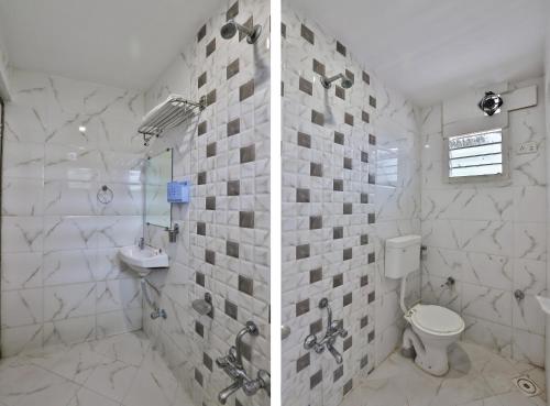 two pictures of a bathroom with a toilet and a shower at Hotel Nova Sun in Ahmedabad
