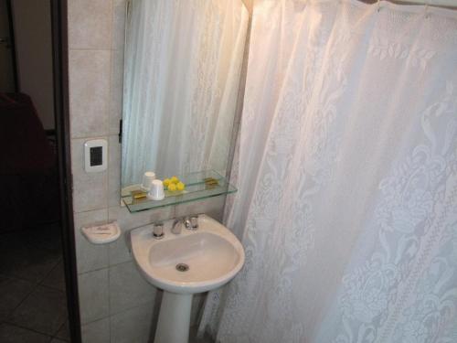 a bathroom with a sink and a shower curtain at Tunkelén Apart Hotel in Mendoza
