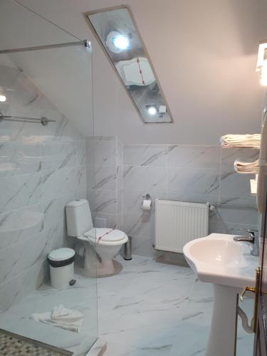 a bathroom with a toilet and a sink and a mirror at Motel Davios in Târgu Jiu