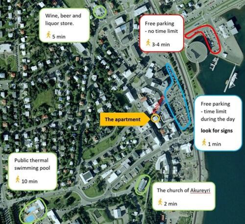 a map of a city with buildings and roads at Saga Apartments Akureyri in Akureyri