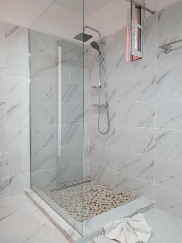 a shower with a glass door in a bathroom at Motel Davios in Târgu Jiu