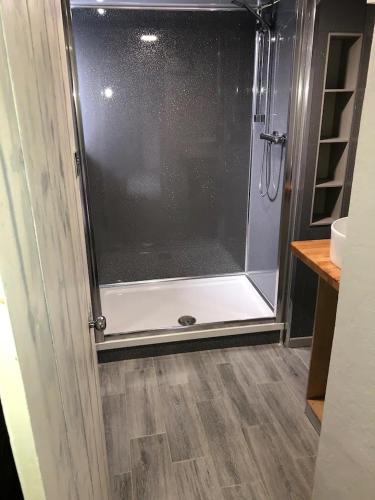 a shower with a glass door in a bathroom at The Retreat @ The Old Smithy, Colebrook Village in Plymouth