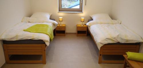 two beds in a room with two lamps on the sides at Ferienwohnung flussendlich in Beilngries