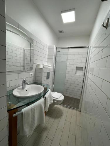 La salle de bains est pourvue d'un lavabo, d'une douche et de toilettes. dans l'établissement Hôtel Mistral Comédie Saint Roch, à Montpellier