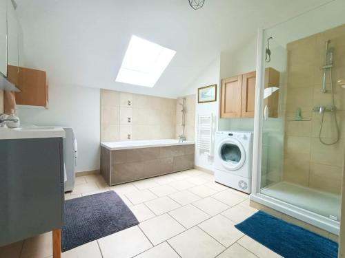 La salle de bains est pourvue d'une douche et d'un lave-linge. dans l'établissement Magnifique appartement proche centre-ville et gare chemin du barrage, à Châlons-en-Champagne