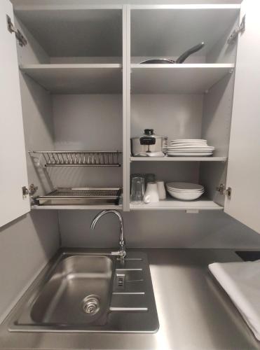 una cocina con fregadero y un estante con platos en Apartamentos Atempo Aranjuez, en Aranjuez