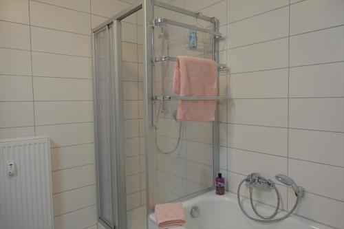 La salle de bains est pourvue d'une douche et d'une baignoire. dans l'établissement Villa Moser - Ferienwohnung mit Terrasse, à Gera