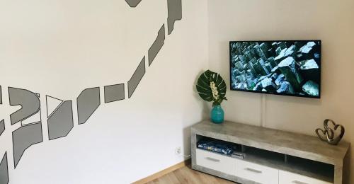 a living room with a flat screen tv on a wall at FeWo194-Mint Im Herzen von Adenau/Nürburgring in Adenau