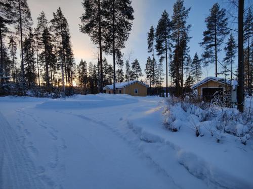 a snow covered road with a house in the background at Lake Cottage Jänisvaara in Kolinkylä