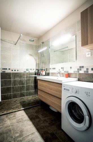 La salle de bains est pourvue d'un lave-linge et d'une douche. dans l'établissement Sous Les Pins gîtes et chambres d'hôtes, à La Londe-les-Maures