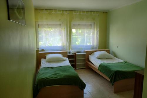 2 łóżka w małym pokoju z 2 oknami w obiekcie Gästezimmer Vogelsberg w mieście Freiensteinau