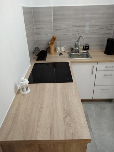 a kitchen with a sink and a wooden counter top at Dom Mazury Harsz in Harsz