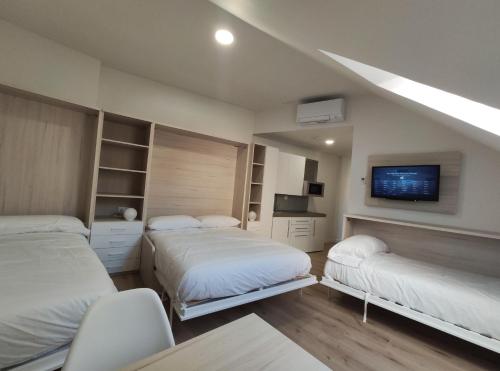 アランフェスにあるApartamentos Atempo Aranjuezのベッド2台と薄型テレビ付きのベッドルーム