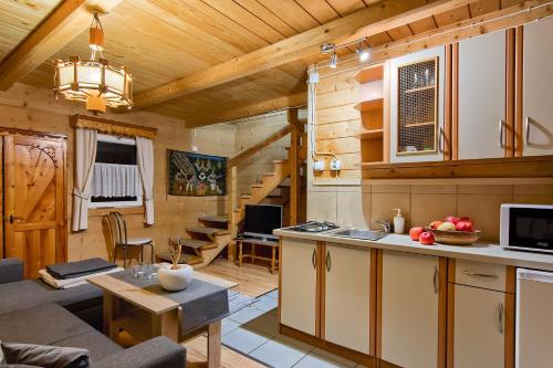 a kitchen and living room in a log cabin at Domki u Ciaptoka in Zakopane