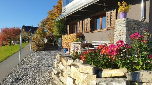 a house with a stone wall and flowers in front of it at Ferienwohnung Düns4 in Düns