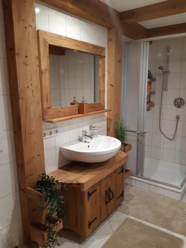 ein Bad mit einem Waschbecken und einer Dusche in der Unterkunft FeWo Hansl`s Freiraum - Berchtesgaden - Schönau am Königssee in Schönau am Königssee