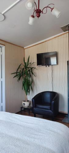 a living room with a black couch and a tv at Hostal Argentina Osorno in Osorno