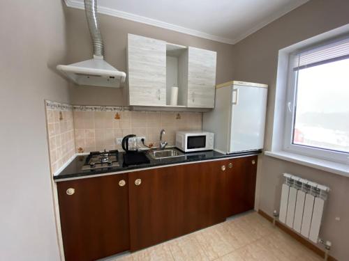 a small kitchen with a sink and a microwave at ZWIN Apartment 2 in Skole